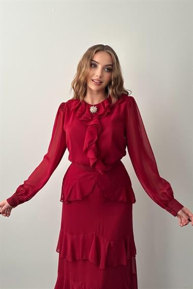 Bordo Fırfırlı Etekli Şifon Takım