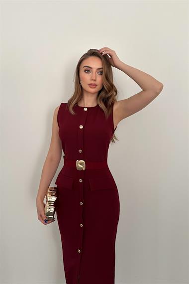 Bordo Gold Aksesuar Detaylı Cepli Elbise