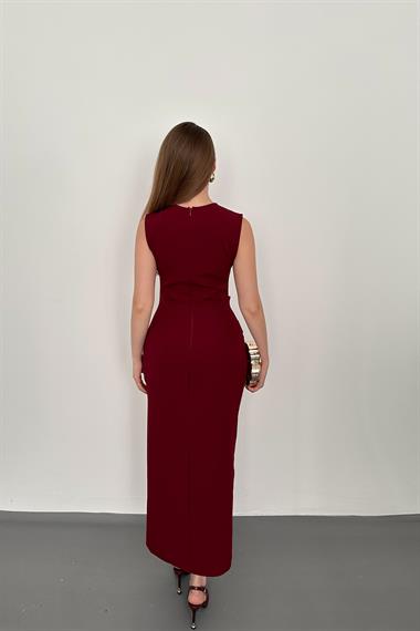 Bordo Gold Aksesuar Detaylı Cepli Elbise