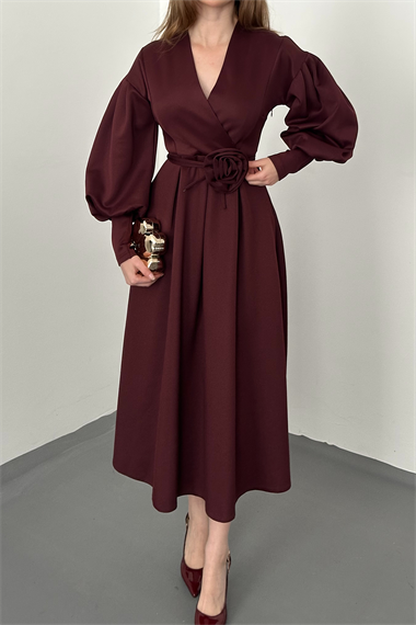 Bordo Gül Detaylı Scuba Elbise