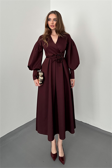 Bordo Gül Detaylı Scuba Elbise