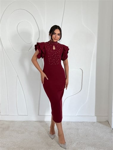 Bordo Işıltılı Elbise