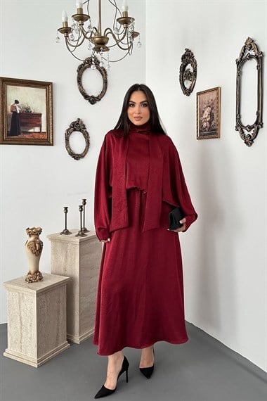 Bordo Jakarlı Saten Elbise