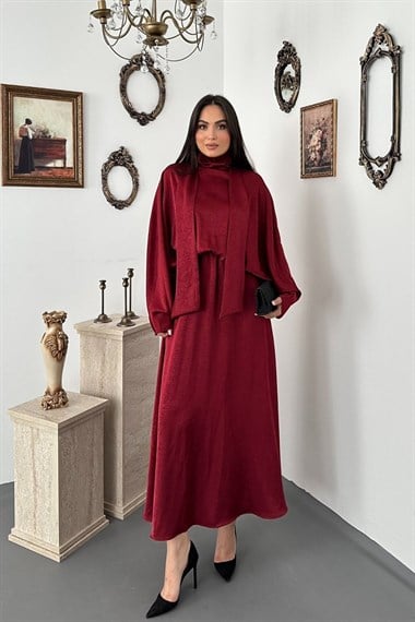 Bordo Jakarlı Saten Elbise