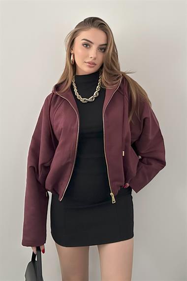 Bordo Kapüşonlu Bomber Süet Ceket