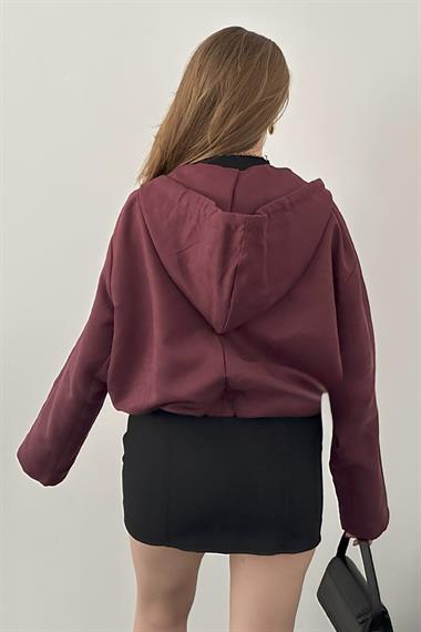 Bordo Kapüşonlu Bomber Süet Ceket