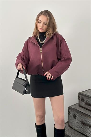 Bordo Kapüşonlu Bomber Süet Ceket