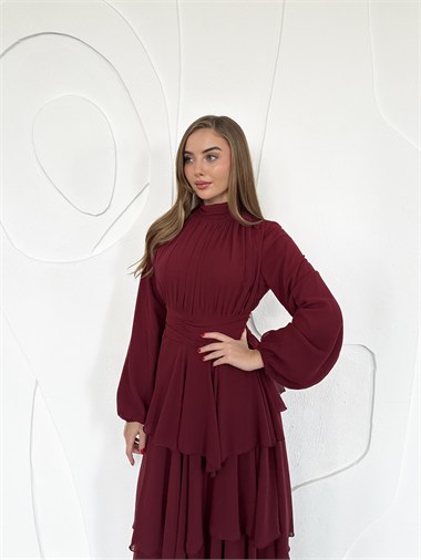 Bordo Kat Kat Bel Detaylı Elbise