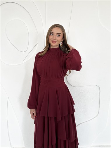 Bordo Kat Kat Bel Detaylı Elbise