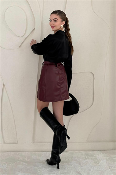 Bordo Kemerli Mini Deri Etek