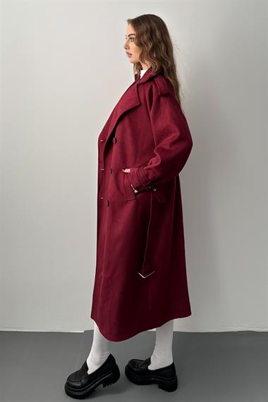 Bordo Kruvaze Yaka Kuşak Detaylı Süet Trençkot
