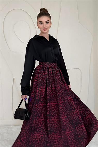 Bordo Leopar Büzgülü Uzun Etek
