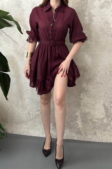 Bordo Önü Patlı Dantelli Elbise