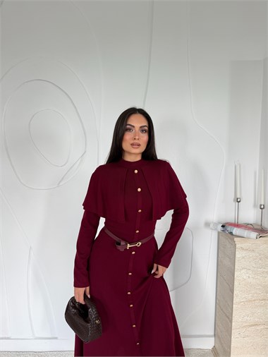 Bordo Pelerinli Elbise