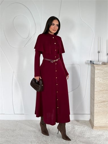 Bordo Pelerinli Elbise