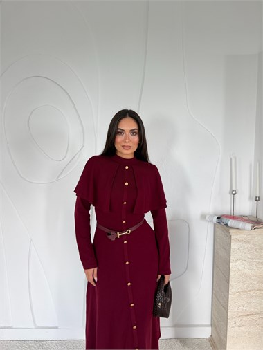 Bordo Pelerinli Elbise