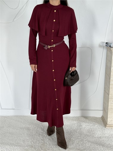 Bordo Pelerinli Elbise