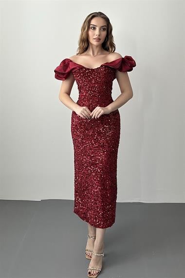 Bordo Pulpayetli Kolsuz Elbise