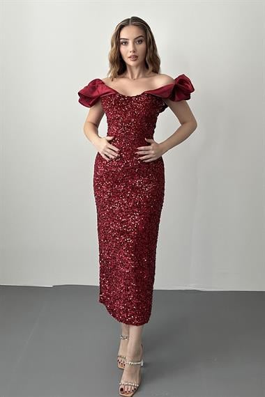 Bordo Pulpayetli Kolsuz Elbise