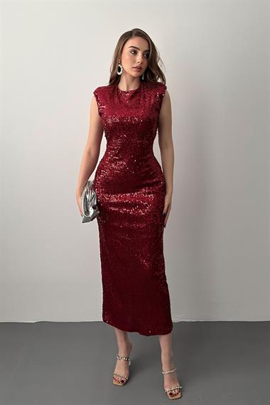 Bordo Vatkalı Yırtmaçlı Pul Payet Elbise