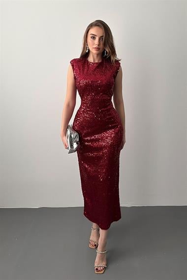 Bordo Vatkalı Yırtmaçlı Pul Payet Elbise