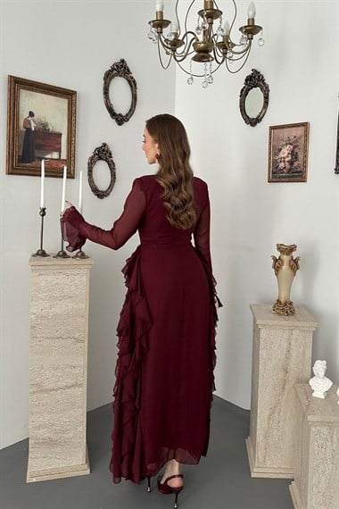 Bordo Volanlı Şifon Elbise