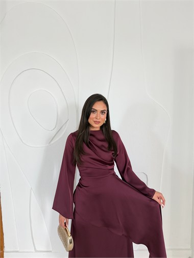 Bordo Yandan Bağlamalı Saten Elbise
