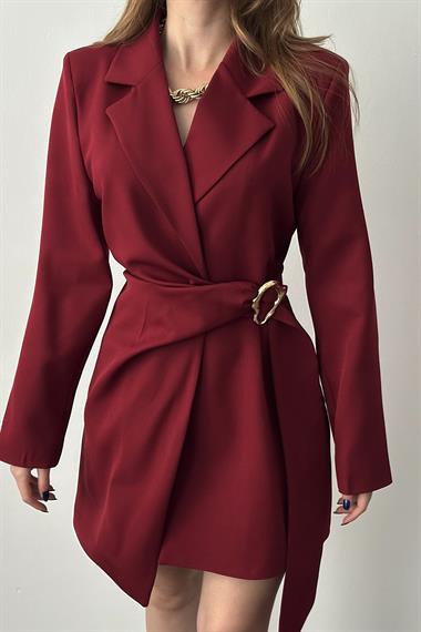 Bordo Yandan Tokalı Ceket Elbise