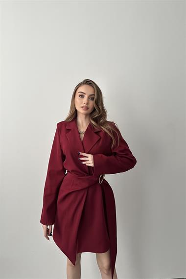 Bordo Yandan Tokalı Ceket Elbise