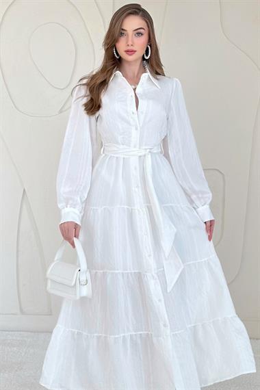 Beyaz Boydan Düğmeli Çizgi Desenli Elbise