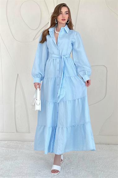 Mavi Boydan Düğmeli Çizgi Desenli Elbise