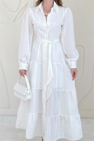 Beyaz Boydan Düğmeli Çizgi Desenli Elbise