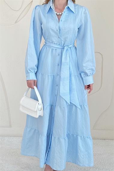 Mavi Boydan Düğmeli Çizgi Desenli Elbise