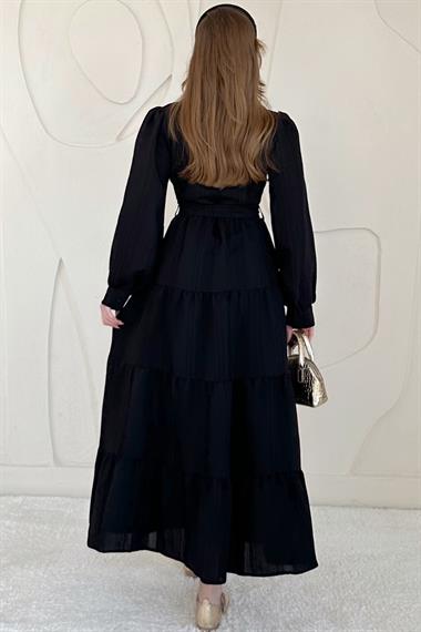 Siyah Boydan Düğmeli Çizgi Desenli Elbise