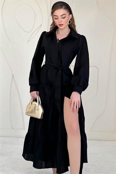 Siyah Boydan Düğmeli Çizgi Desenli Elbise