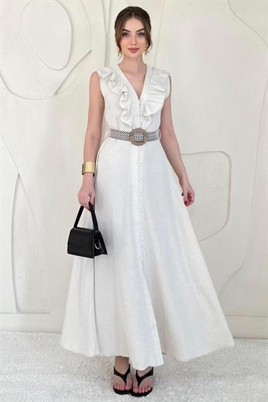 Bej Boydan Düğmeli Kemer Detaylı Keten Elbise