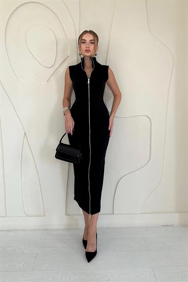 Siyah Boydan Fermuarlı Kolsuz Elbise