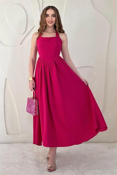 Fuşya Boyundan Bağlamalı Keten Elbise