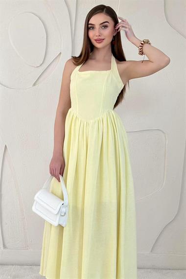 Sarı Boyundan Bağlamalı Keten Elbise