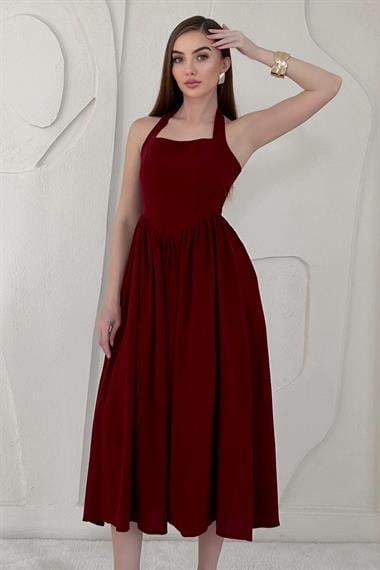 Bordo Boyundan Bağlamalı Keten Elbise