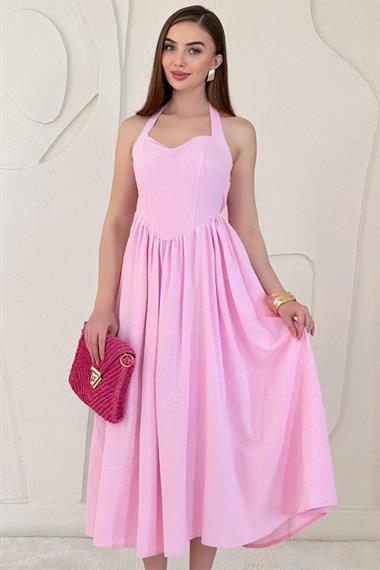 Pembe Boyundan Bağlamalı Keten Elbise