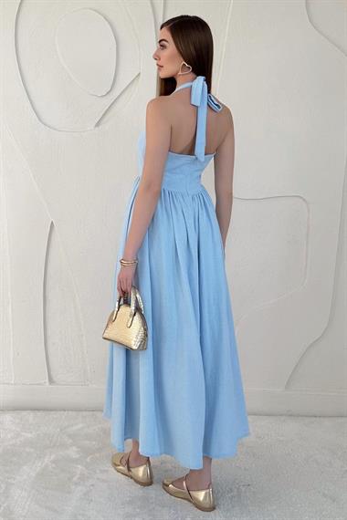 Bebe Mavi Boyundan Bağlamalı Keten Elbise