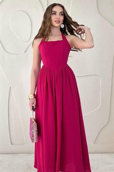 Fuşya Boyundan Bağlamalı Keten Elbise