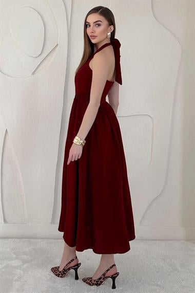 Bordo Boyundan Bağlamalı Keten Elbise