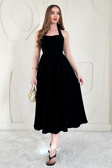 Siyah Boyundan Bağlamalı Keten Elbise