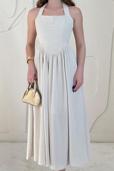 Bej Boyundan Bağlamalı Keten Elbise