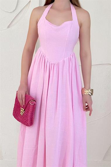 Pembe Boyundan Bağlamalı Keten Elbise