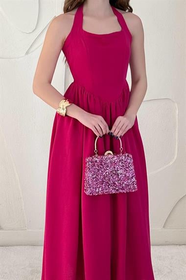 Fuşya Boyundan Bağlamalı Keten Elbise