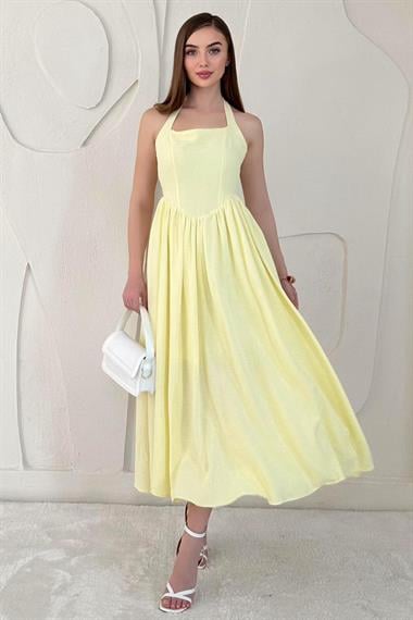 Sarı Boyundan Bağlamalı Keten Elbise