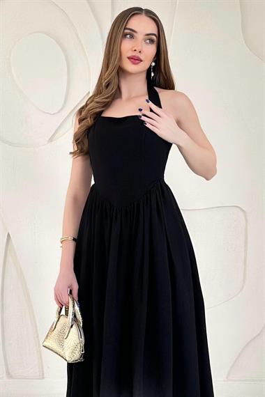 Siyah Boyundan Bağlamalı Keten Elbise